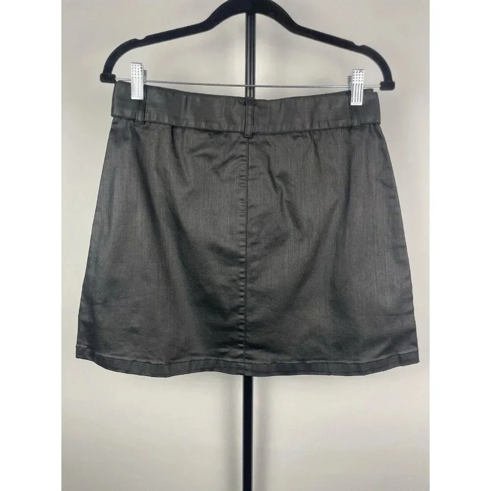 Amp Black Faux Leather Waxed Front Zip Goth Punk Mini Skirt With Belt Size‎ L